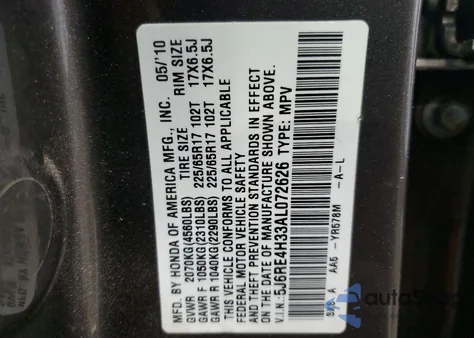 2010 Honda Cr-V Lx from USA, damaged, VIN 5J6RE4H33AL072626